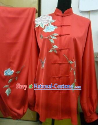 Traditional Chinese Red Flower Silk Wushu Clothing