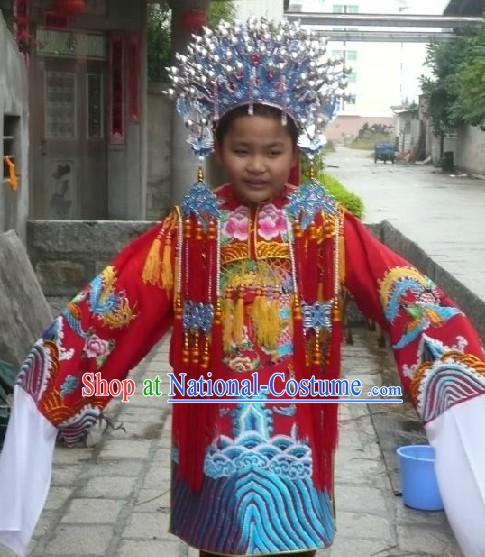 Chinese Peking Opera Embroidered Phoenix Robe and Coronet for Kids