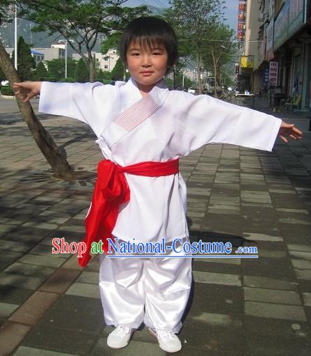 Traditional Chinese White Embroidered Lotus Kung Fu Tai Chi Uniform for Kids