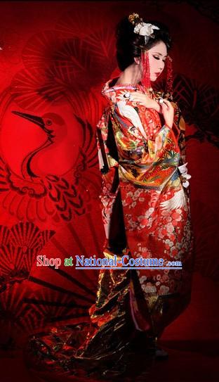 Traditional Embroidered Cranes Japanese Wedding Kimono and Headpiece for Brides