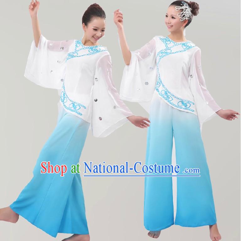 Chinese White and Blue Fan Dance Costumes for Women