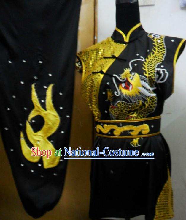 Black and Gold Dragon Competition Wushu Silk Uniform