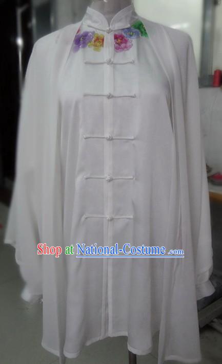 Supreme Silk White Embroidered Flower Tai Chi Clothes, Pants and Cape