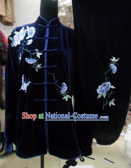 Blue Embroidered Butterfly Flower Wushu Costumes Complete Set