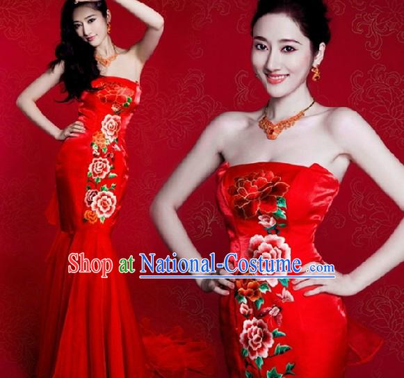 Chinese Classic Red Peony Mermaid Style Wedding Dress