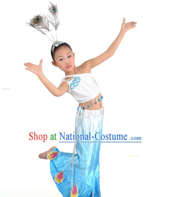 Chinese Dai Ethnic Peacock Dance Costumes and Hair Accessories for Kids