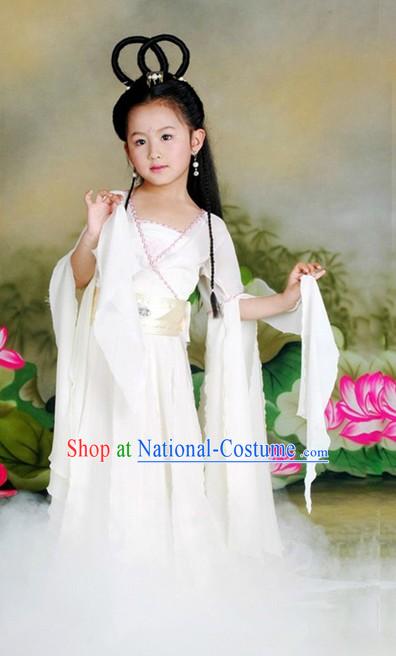 Ancient Chinese Xiao Long Nv White Fairy Costume and Wig for Children