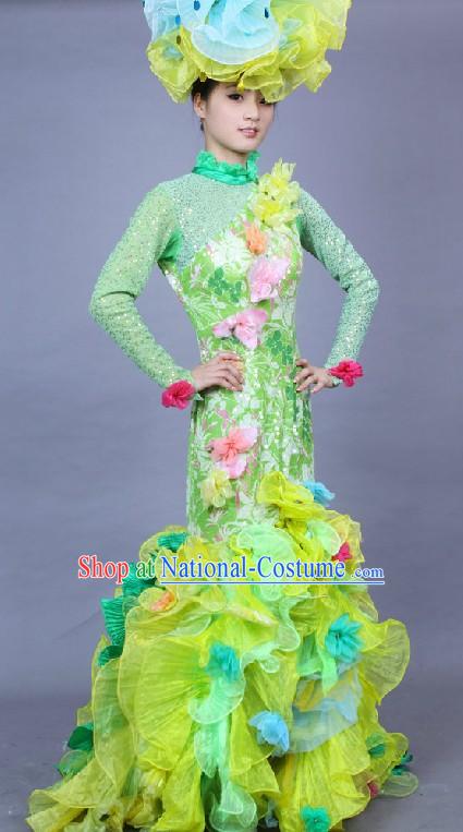 Chinese Stage Performance Flower Dance Costume and Headpiece Complete Set