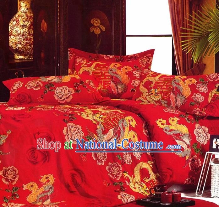 Chinese Classical Dragon and Phoenix Wedding Sheet Four Pieces Wedding Set