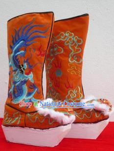 Chinese Traditional Embroidered Dragon High Heel Boots