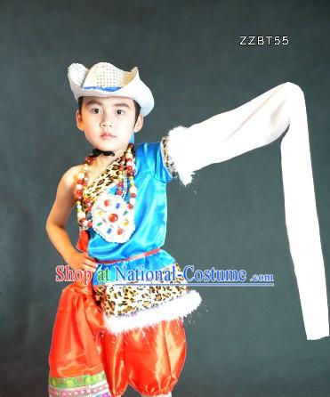 Traditional Chinese Tibetan Dance Costumes and Hat for Kids