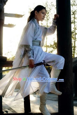 Pure White Asian Swordsman Costumes Complete Set for Men