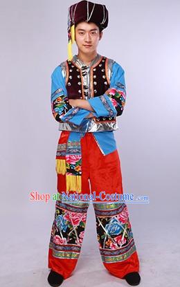 China Miao Ethnic Dancing Costumes and Hat Complete Set for Men