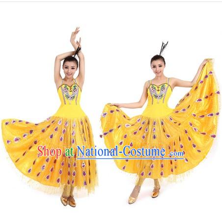 Yellow Peacock Dance Costume and Hat for Women