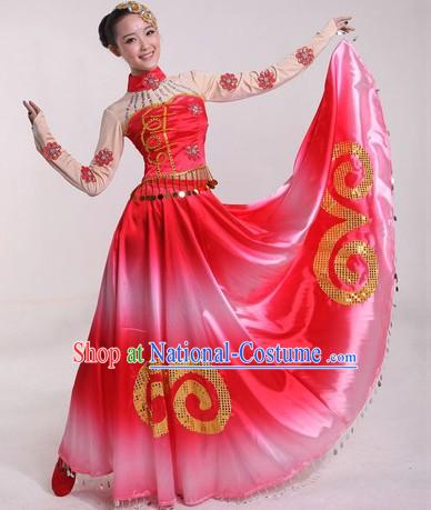 Chinese Classical Stage Performance Dance Skirt Costumes and Headpiece for Ladies