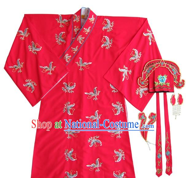 Red Chinese Peking Opera Embroidered Butterfly Costumes and Hat for Men