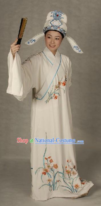 Ancient Chinese Opera White Xiao Sheng Robe and Hat for Men