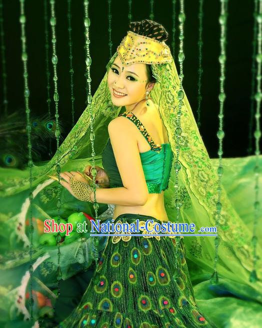 Green Chinese Peacock Dance Costumes and Headpiece for Women