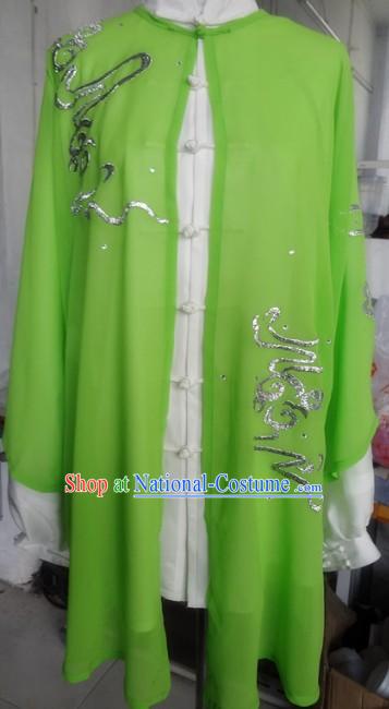 Traditional Chinese Green Tai Ji Kung Fu Performance Uniform and Cape Complete Set