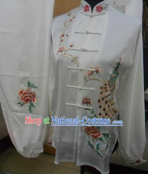 Traditional Chinese White Peacock Embroidery Martial Arts Competition Suit