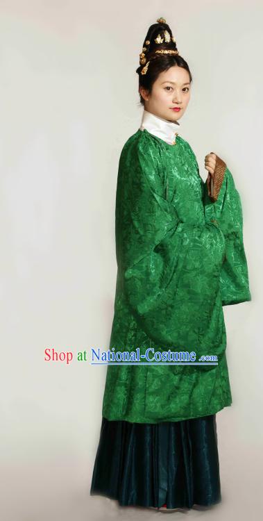 Ancient Chinese Ming Dynasty Green Robe Clothing Complete Set for Women