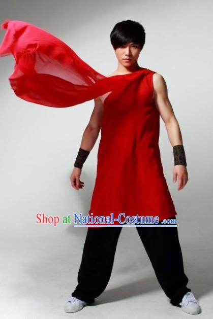 Red Sleeveless Wushu Robe and Black Pants for Men for Stage Performance