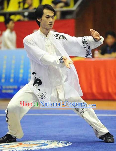 Long Sleeve White Yin and Yang Embroidered Pattern Kung Fu Dresses and Veil for Men