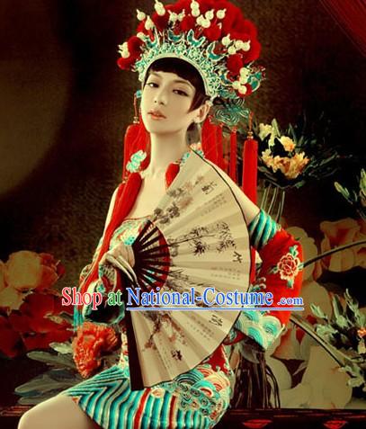 Chinese Peking Opera Phoenix Coronet, Fan and Dragon Robe Complete Set for Women