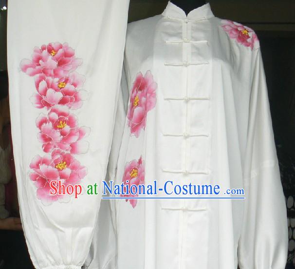 Traditional Chinese White Embroidered Peony Silk Tai Ji Outfit