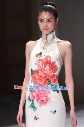 White Chinese Classical Short Cheongsam Evening Dress