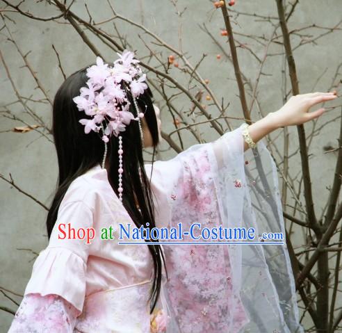 Ancient Chinese Pink and White Imperial Princess Garment and Flower Hair Accessories Complete Set