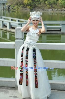 White Traditional Chinese Miao Silver Crown and Clothes