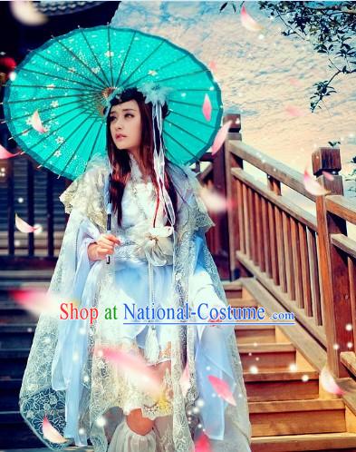 Ancient Chinese White Princess Cosplay Costumes Umbrella and Headdress