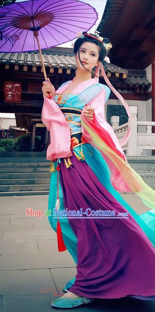 Chinese Purple Pink Princess Dresses and Umbrella Complete Set