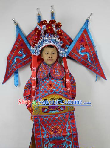 Traditional Chinese Beijing Opera General Costumes and Helmet Complete Set for Kids