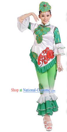 Folk Lotus Team Dance Costumes and Headwear Complete Set for Girls