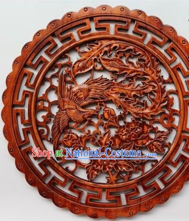 Traditional Chinese Hand Carved Round Phoenix and Peony Plaque