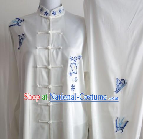 Blue Flower Embroidery Long Sleeves Martial Arts Uniform Complete Set