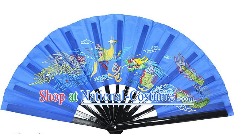 Blue Traditional Wushu Double Fans for Right and Left Hands