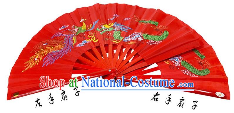 Red Traditional Wushu Double Fans for Right and Left Hands