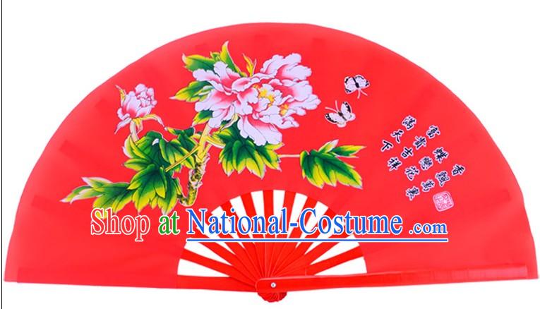 Red Traditional Kung Fu Double Fans Peony Pattern for Right and Left Hands