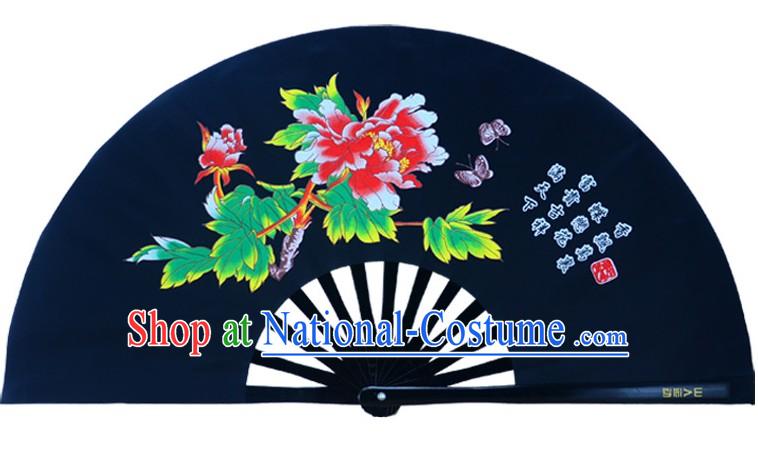 Black Traditional Kung Fu Double Fans Peony Pattern for Right and Left Hands