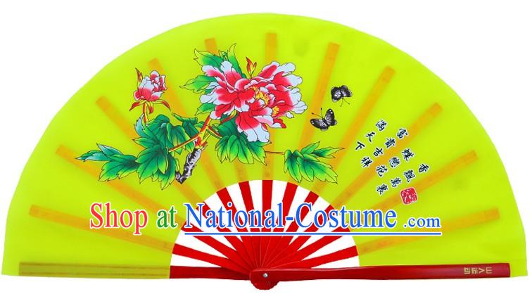 Yellow Traditional Kung Fu Double Fans Peony Pattern for Right and Left Hands