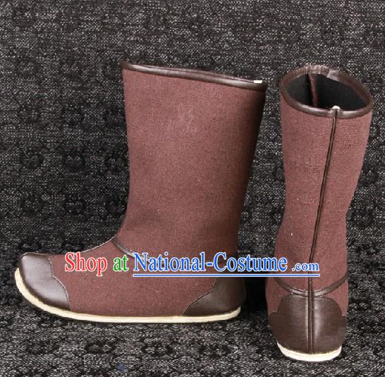 Ancient Chinese Coffee Color Handmade Long Hanfu Boots