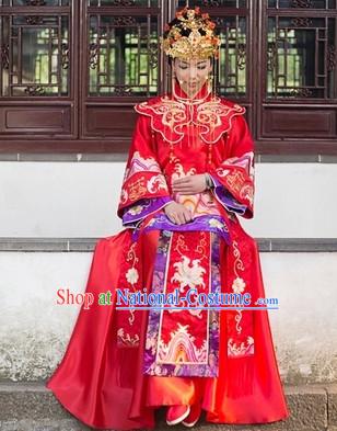 Traditional Chinese Red Phoenix Brides Wedding Blouse, Skirt and Phoenix Coronet