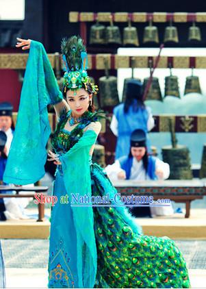 Ancient Chinese Peacock Dance Costumes and Headdress Complete Set