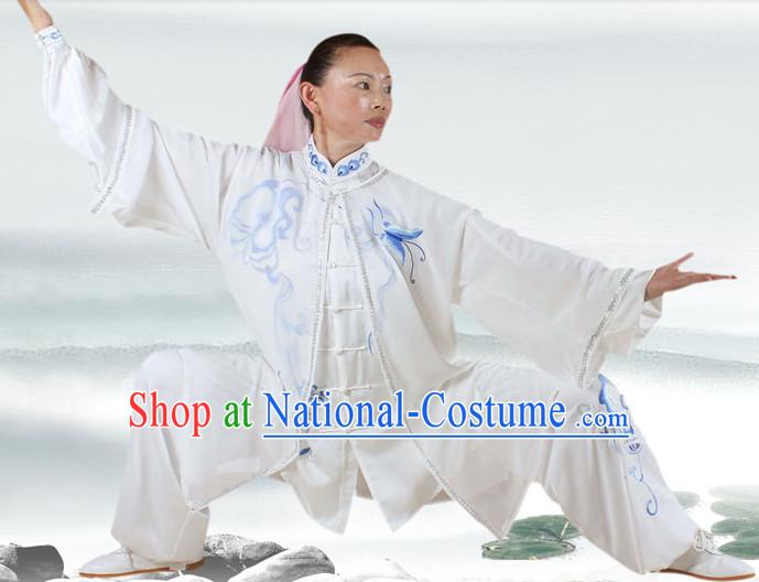 Traditional White Butterfly Embroidery Kung Fu Suit and Cape Complete Set