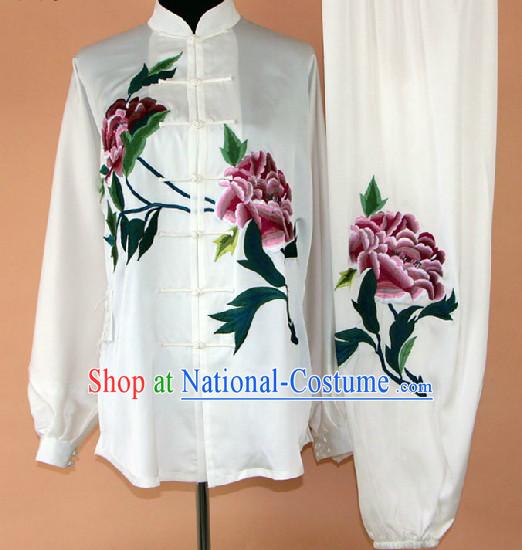 Embroidered Peony Silk Kung Fu Uniform Complete Set