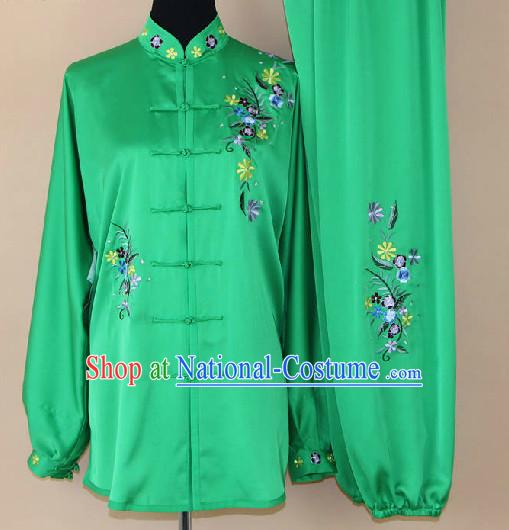 Traditional Silk Green Kung Fu Competition Uniforms Complete Set