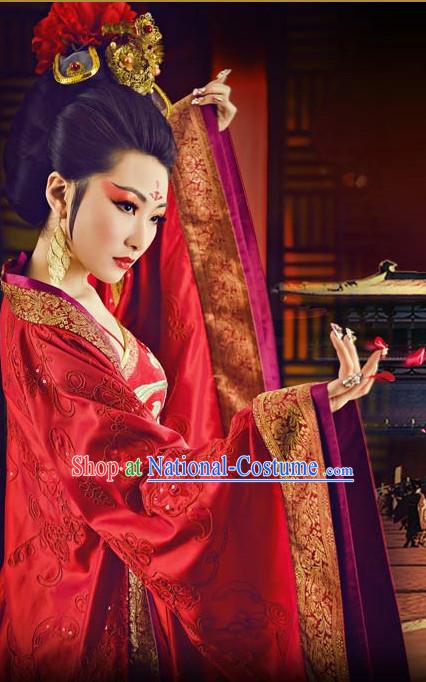 Traditional Chinese Empress Red Dance Costumes and Headpieces Complete Set